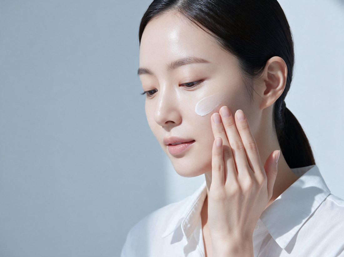 볼에 크림을 두드려 바르는 모델